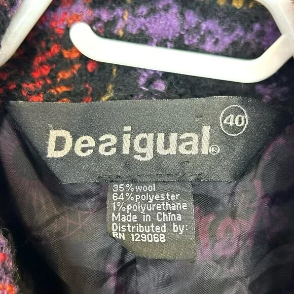 Desigual Coat Womens Size Small Boucle Tweed Plaid 3/4 Jacket  Wool Blend - Picture 3 of 3